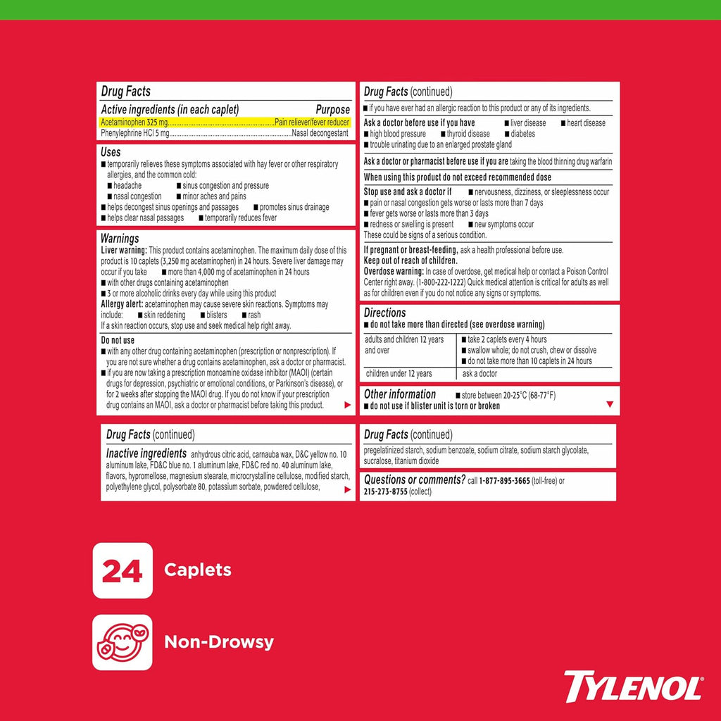 Tylenol Sinus + Headache Daytime Non-Drowsy Relief Caplets, 24 Ct