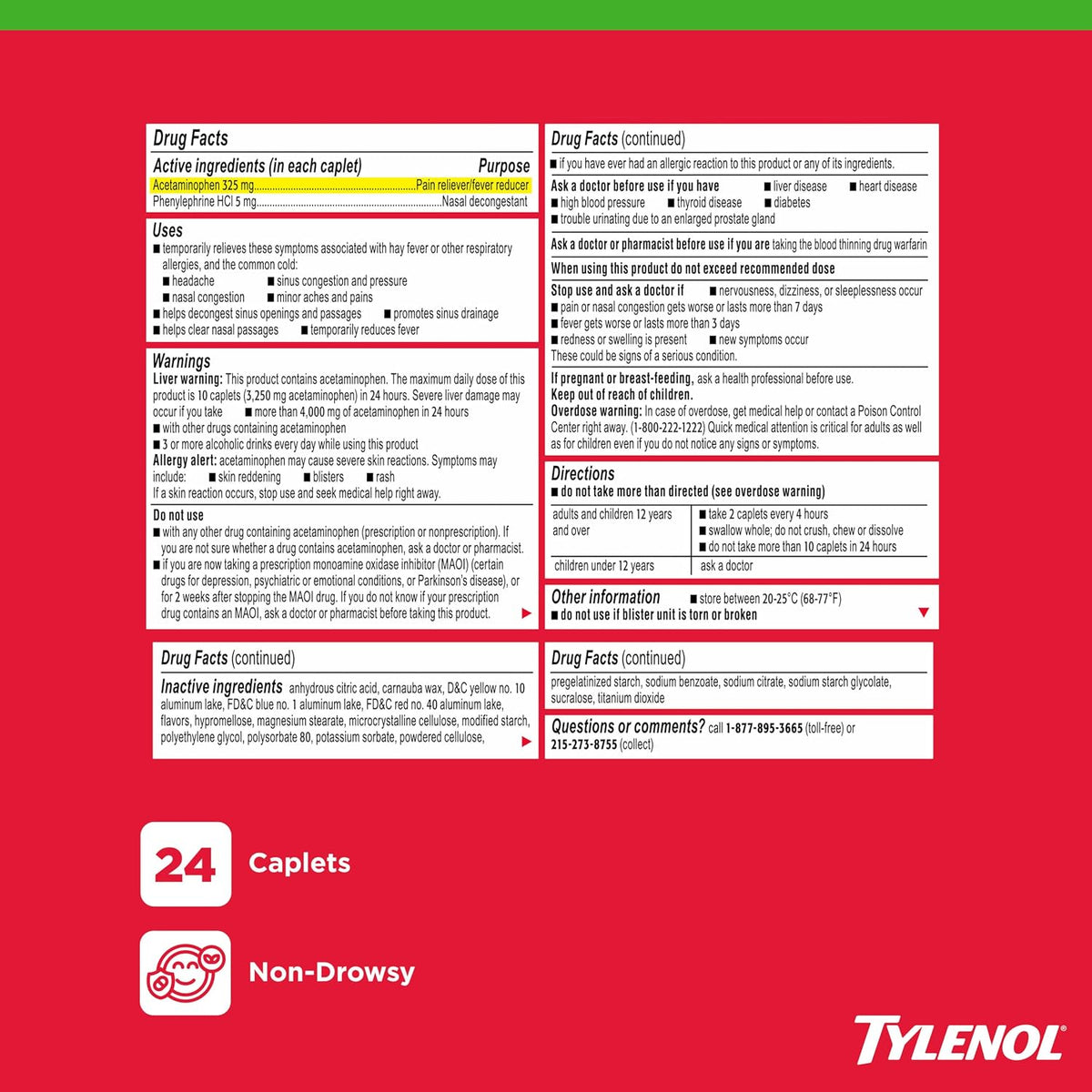 Tylenol Sinus + Headache Daytime Non-Drowsy Relief Caplets, 24 Ct
