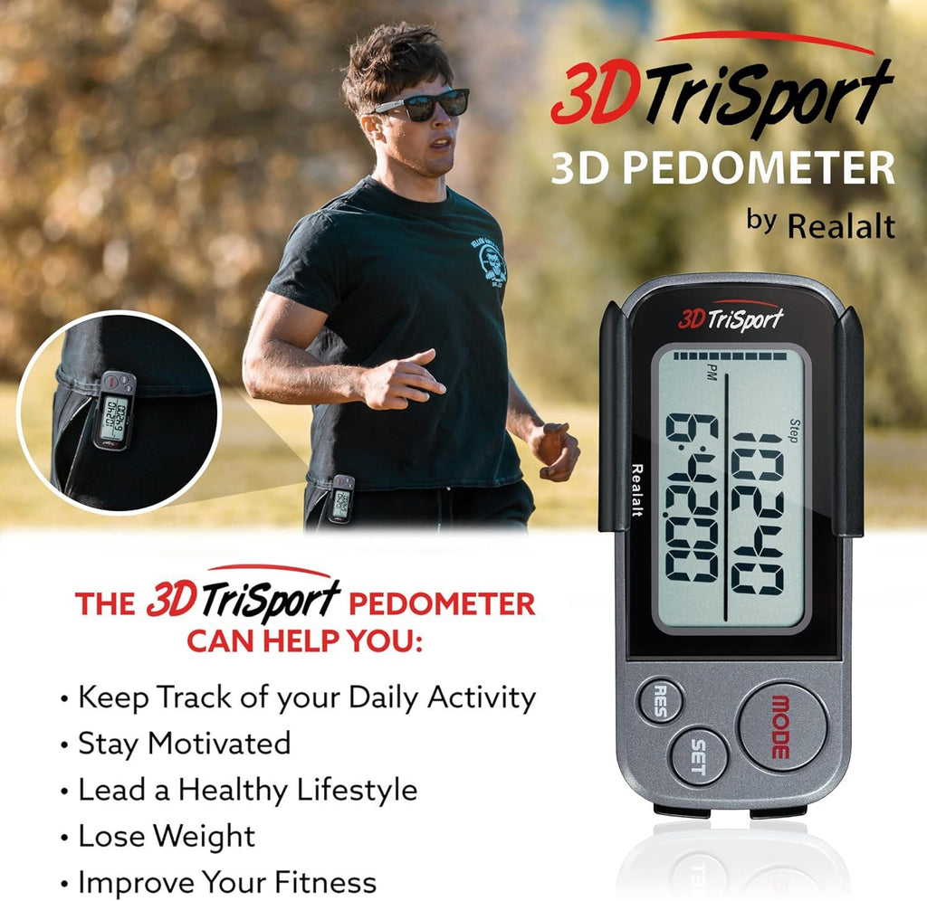 Realalt 3DTriSport 3D Walking Pedometer with Clip & Strap, Accurate Step Counter with 30-Day Memory, Distance in Miles/KM with Large Display Perfect for Seniors & Beginners, eBook Included