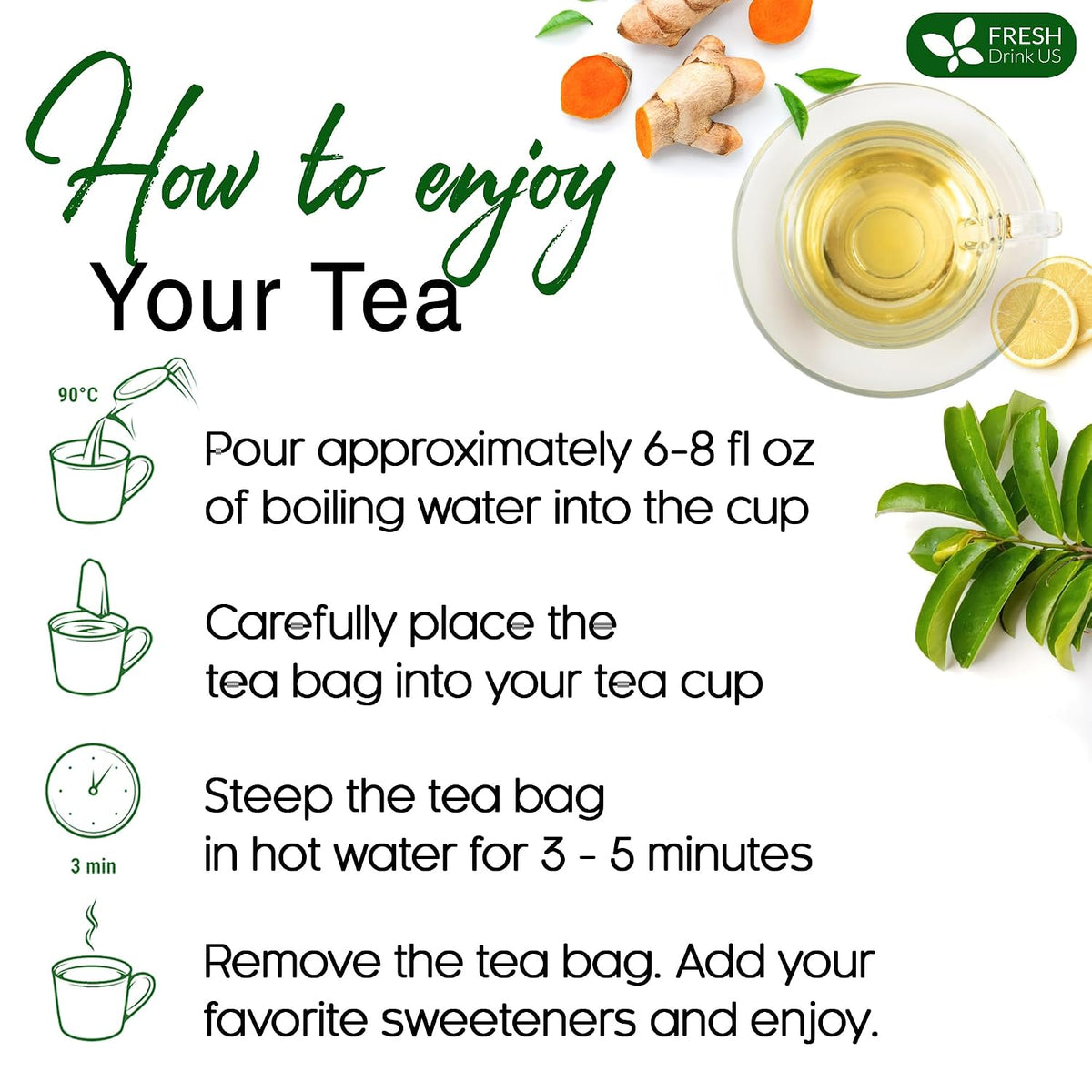 FreshDrinkUS, Premium 60 Soursop Turmeric Tea Bags, 100% Natural, Blend of Soursop Leaves, and Turmeric Root. No Sugar, Vegan.