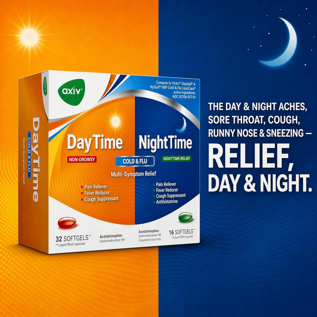 AXIV Day & Night Cold & Flu Medicine Combo Pack Softgels, Daytime & Nighttime Relief for Headache, Fever, Sore Throat, Minor Aches & Pains, & Cough, 48 Softgels