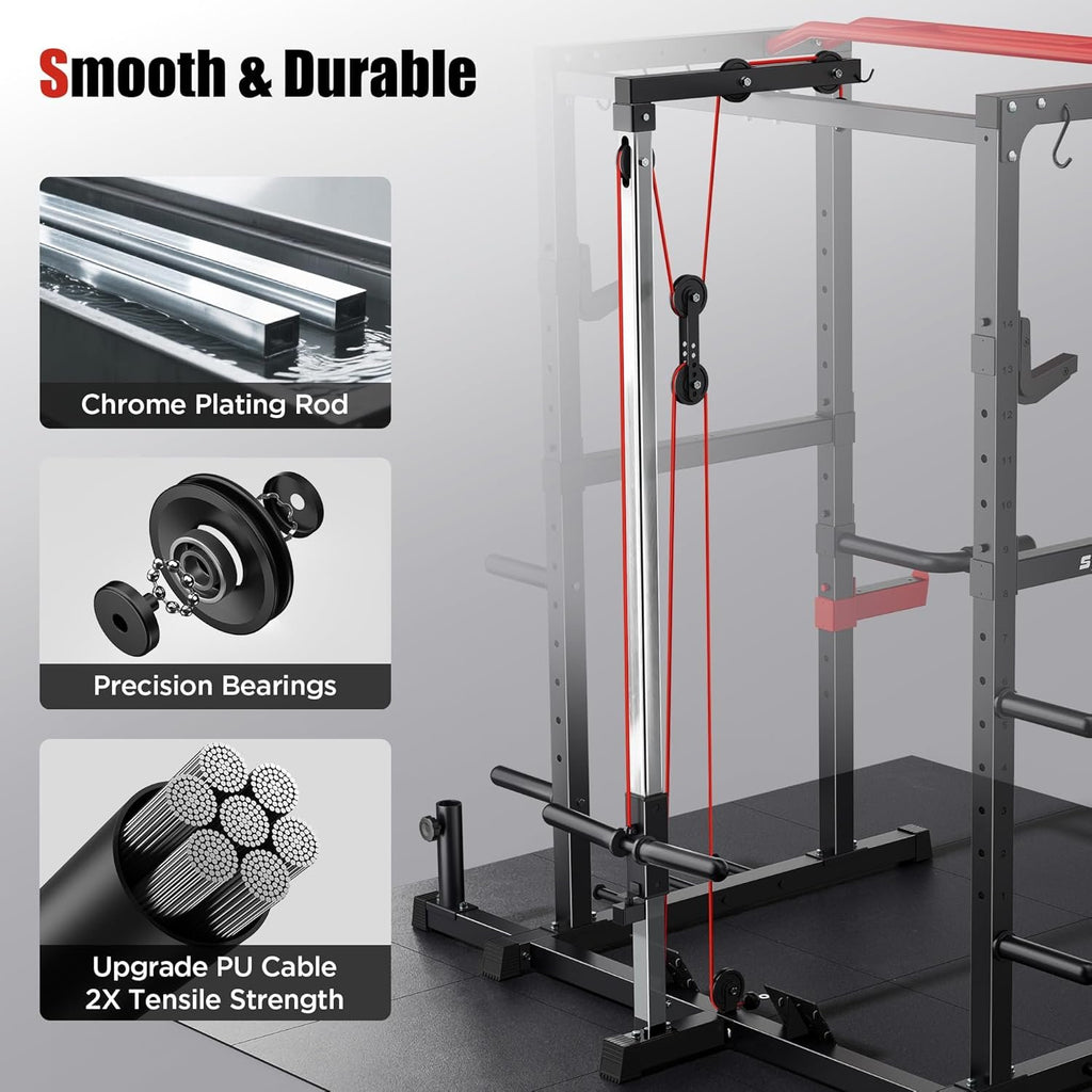 SPORTSROYALS Power Rack, Multi-Functional Power Cage, Squat Rack with Pulley System & LAT Pull Down, Workout Cage with J Hooks for Home Gym