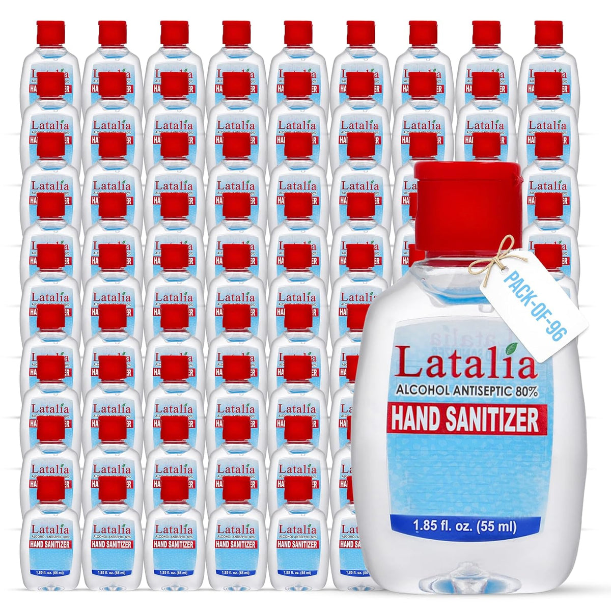 Latalia Mini Hand Sanitizer Travel Size - 80% Alcohol Fragrance Free Gel | 55ml Small Hand Sanitizer Pack of 96 Infused with Hydrating Glycerin & Hydrogen Peroxide - Rinse-Free, Non-Sticky