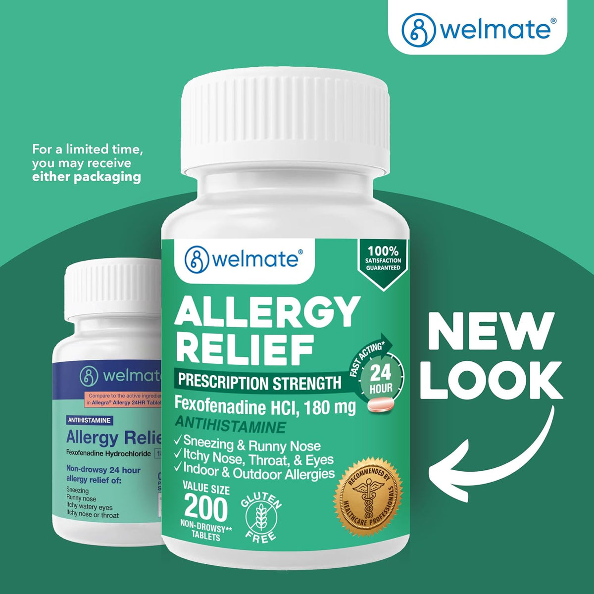 WELMATE Fexofenadine HCl 180mg Allergy Relief Tablets, 200 Count | 24-Hour Non Drowsy Antihistamine for Sneezing, Runny Nose, Itchy Watery Eyes - Indoor & Outdoor Allergy Medicine, Hay Fever