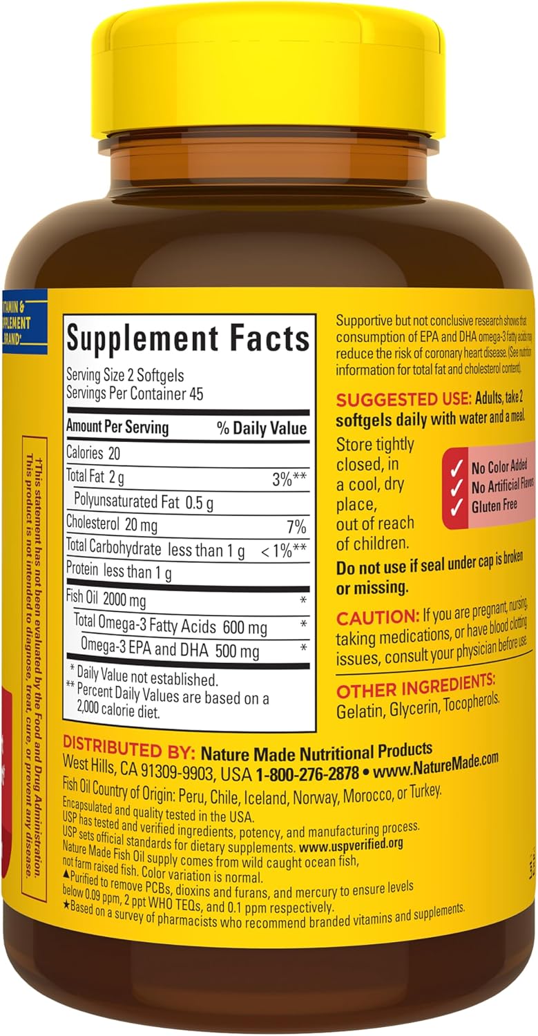 Nature Made Fish Oil Omega 3 Supplements, 1000 mg Softgels, 90 Softgels | Omega 3 Fish Oil for Healthy Heart Support, Gluten Free, Dairy Free, 45 Day Supply