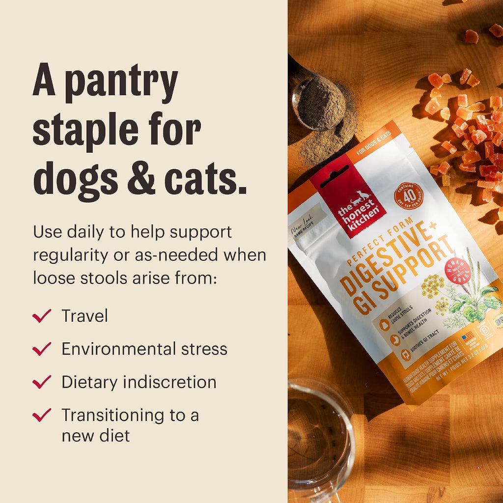 The Honest Kitchen Perfect Form Herbal Digestive Supplement for Dogs & Cats, Human Grade Gut Health Support Powder with Pumpkin, Slippery Elm & Papaya Leaf, Gut & Stool Support, 3.2 oz Pouch