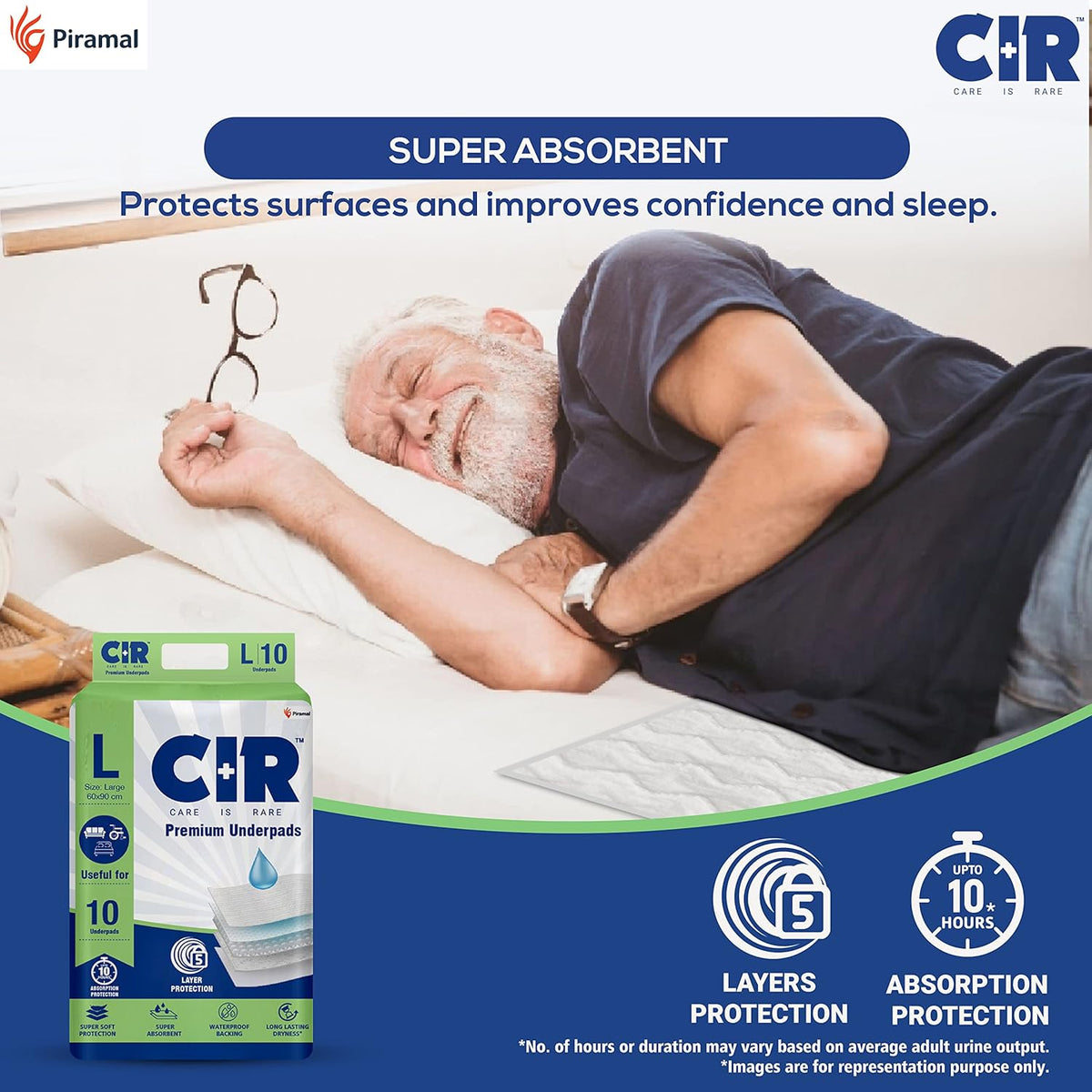 CIR Premium Underpads, Large (90x60cm) I 10 hrs Absorption Protection I 10 Units I Waterproof I Protects Surfaces from Incontinence I Super Soft Polymer x Pack of 1