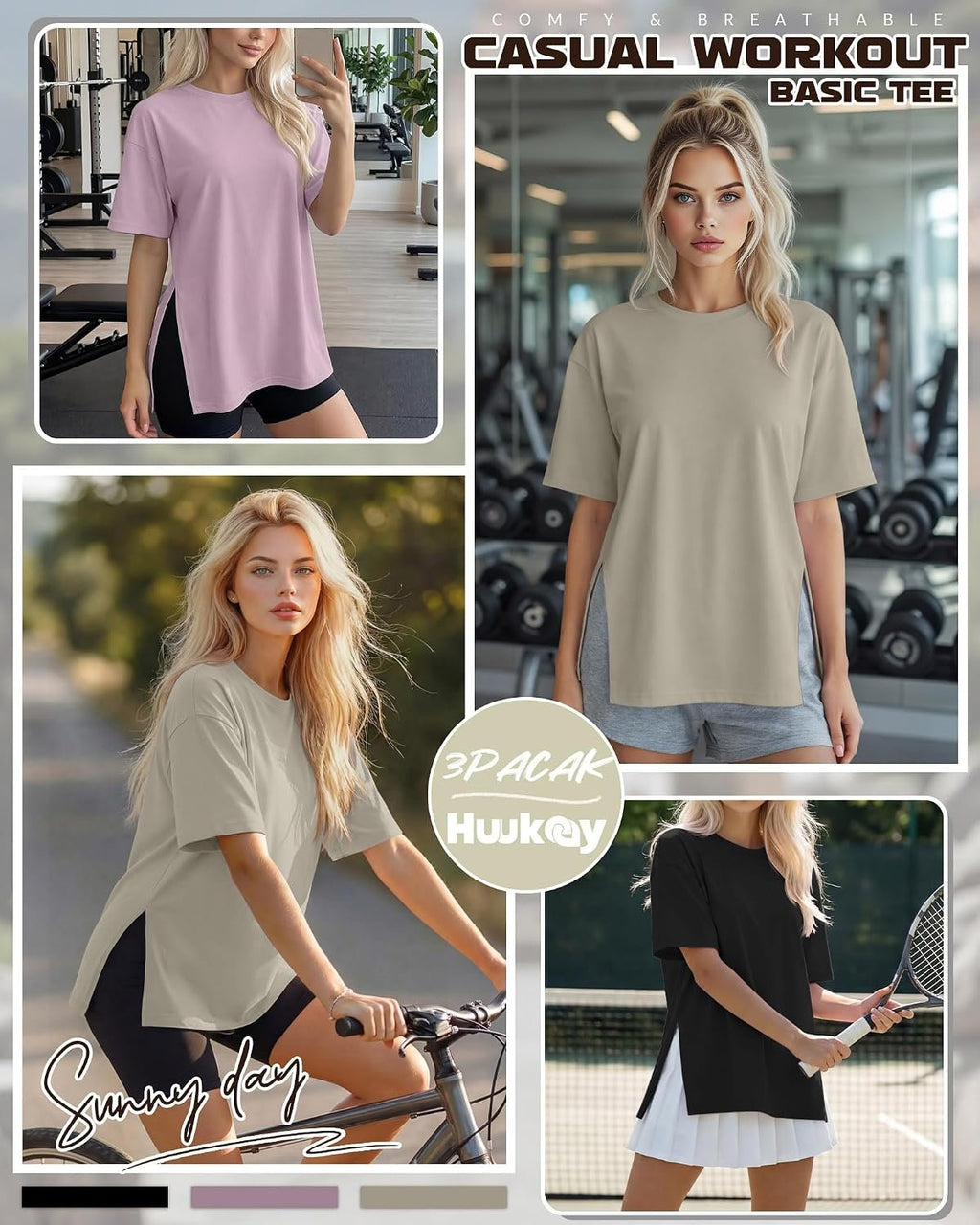 Huukeay 3 Pack Women's Oversized Workout T Shirts Short Sleeve Loose Fit Gym Tops Crewneck Casual Summer Basic Tees