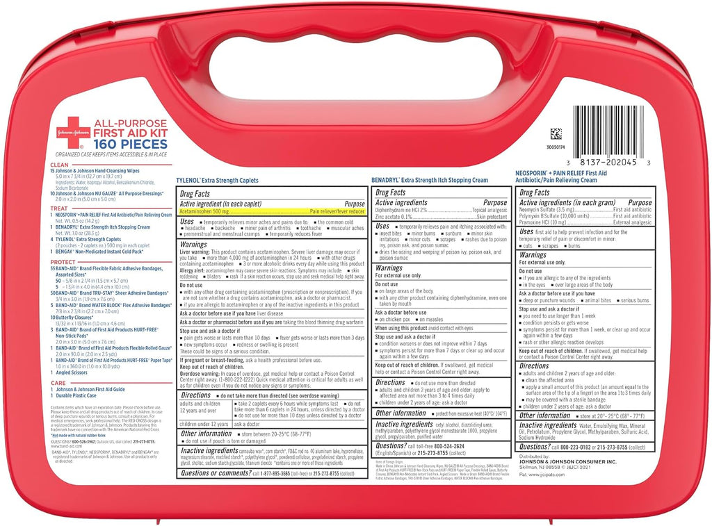 BAND-AID Brand All-Purpose Portable Compact First Aid Kit, 160 Piece | Emergency Wound Care Essentials with Adhesive Bandages, Gauze & Pain Relief for Home, Car, Dorm, Camping, Cruise & Travel