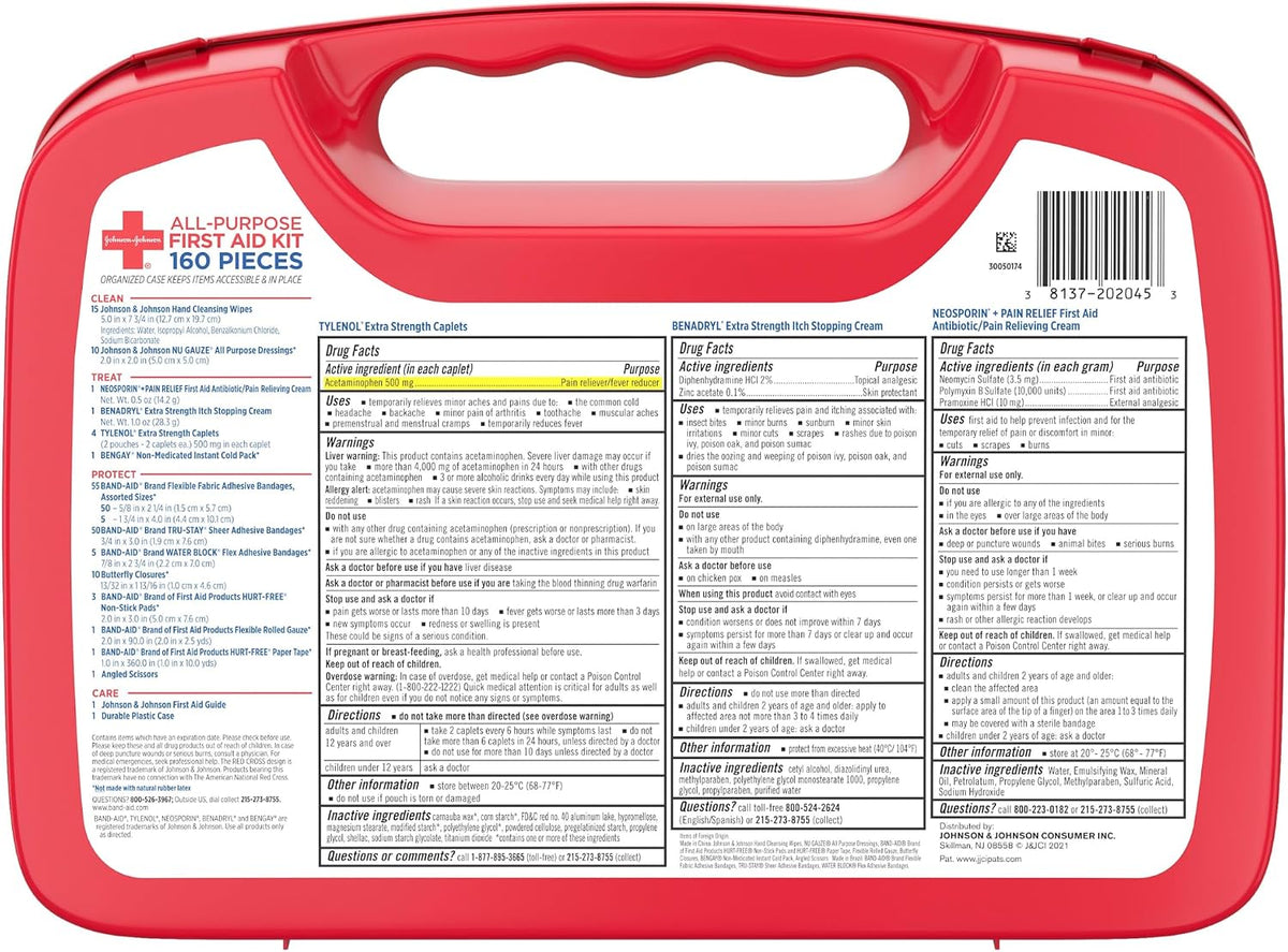 BAND-AID Brand All-Purpose Portable Compact First Aid Kit, 160 Piece | Emergency Wound Care Essentials with Adhesive Bandages, Gauze & Pain Relief for Home, Car, Dorm, Camping, Cruise & Travel