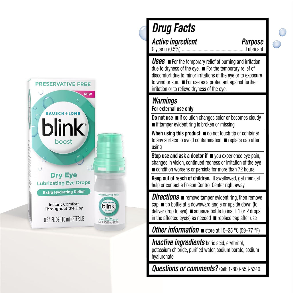 Blink Boost Preservative-Free Lubricating Eye Drops, Moisturizing & Soothing for Mild Dry Eyes, with Hyaluronate, Hydrating Relief Instant Comfort Throughout the Day, Contact Lens Friendly, 0.34 FL Oz