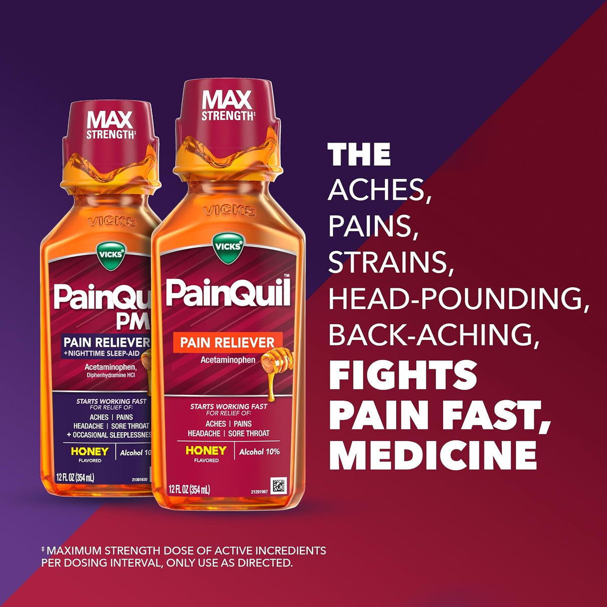 Vicks PainQuil Pain Relief Acetaminophen 1000mg Max Strength Honey Flavored Adult Pain Reliever Liquid 2x12oz, Backache Headache Relief, 1 Daytime Pain Reliever x 1 Nighttime Pain Relief + Sleep Aid