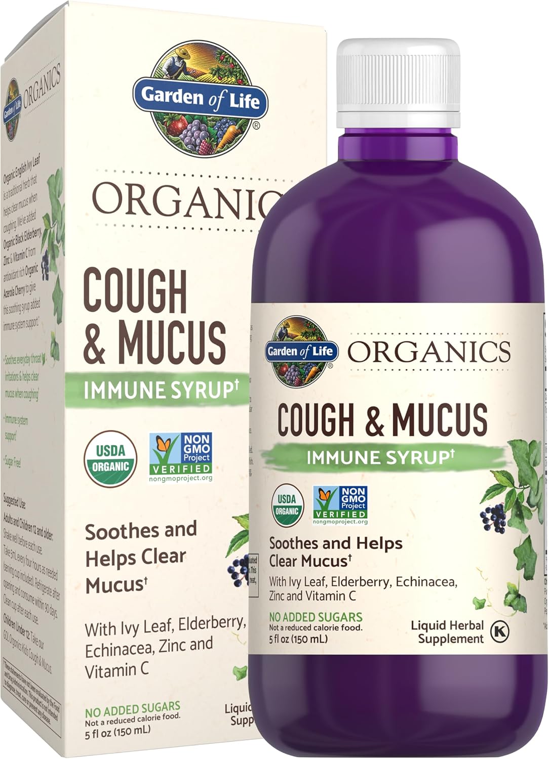 Garden of Life Organics Cough & Mucus Immune Syrup, Elderberry Zinc Immune Support Cough Syrup for Adults & Kids 12+, Offers Vitamin C & Echinacea, Sugar-Free, 5 Fl oz