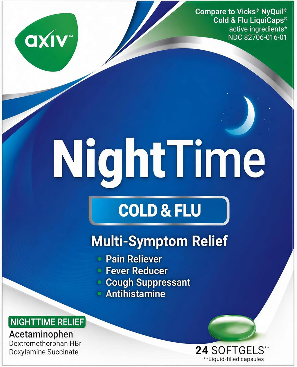 AXIV Nighttime Cold & Flu Relief Softgels, Multi-Symptom Nighttime Relief for Headache, Fever, Sore Throat, Minor Aches and Pains, Sneezing, Runny Nose, and Cough 24 Count