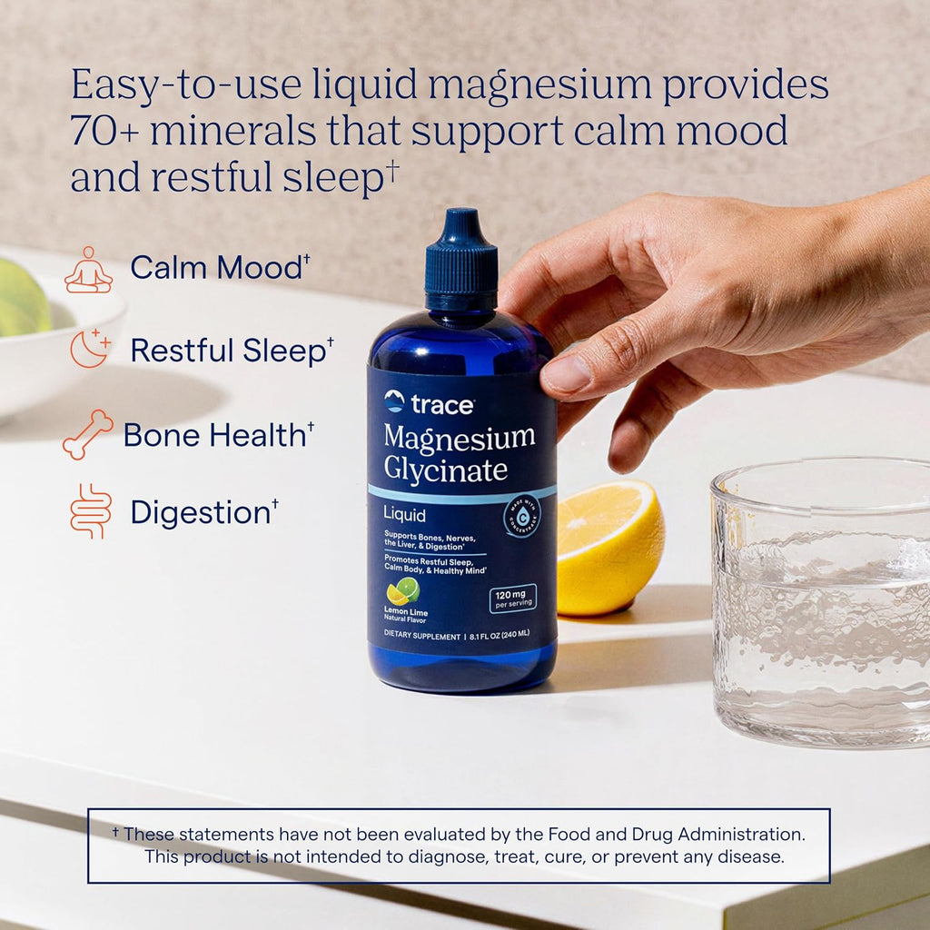 Trace Minerals Magnesium Glycinate Liquid Supplement, Lemon Lime, 8 fl oz | 120 mg per serving, Chelated for high absorption, Supports sleep and calm mood , Gentle on digestion, For men, women, teens