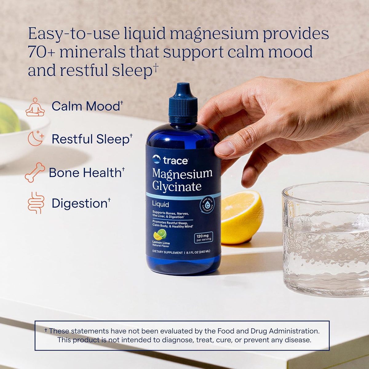 Trace Minerals Magnesium Glycinate Liquid Supplement, Lemon Lime, 8 fl oz | 120 mg per serving, Chelated for high absorption, Supports sleep and calm mood , Gentle on digestion, For men, women, teens
