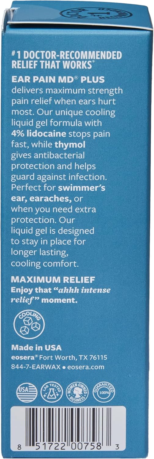 Ear Pain MD +Plus Earache Relief Drops – 4% Lidocaine + Antiseptic for Pain Relief & Infection Protection – Swimmer's Ear, Ear Infections, Allergies