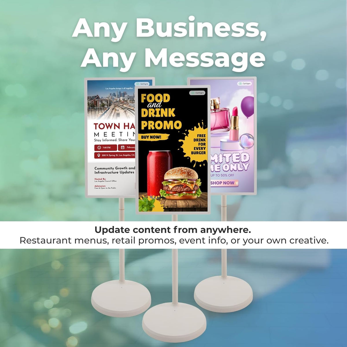 OptiSigns 32" Floor Standing Digital Signage Kiosk, Battery Powered Touchscreen Display for Interactive Retail, Events, Full HD with Audio and Wi-Fi, OptiKiosk 32