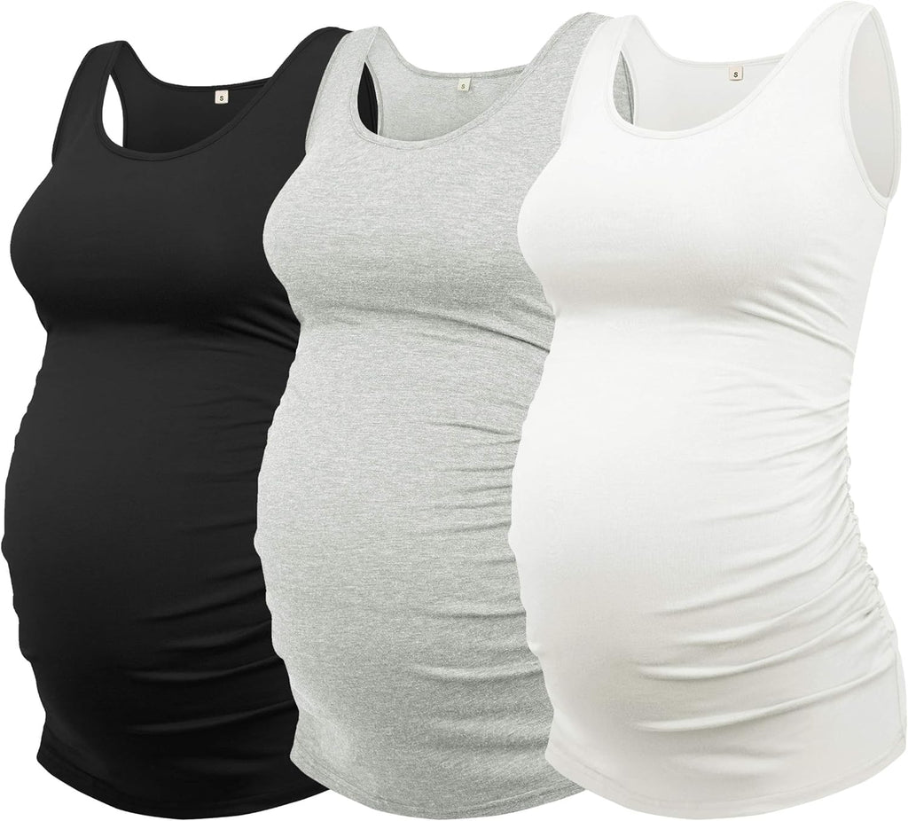 AMPOSH Women's Maternity Tank Top 3 Pack Ruched Side Sleeveless Pregnancy Basic Shirt