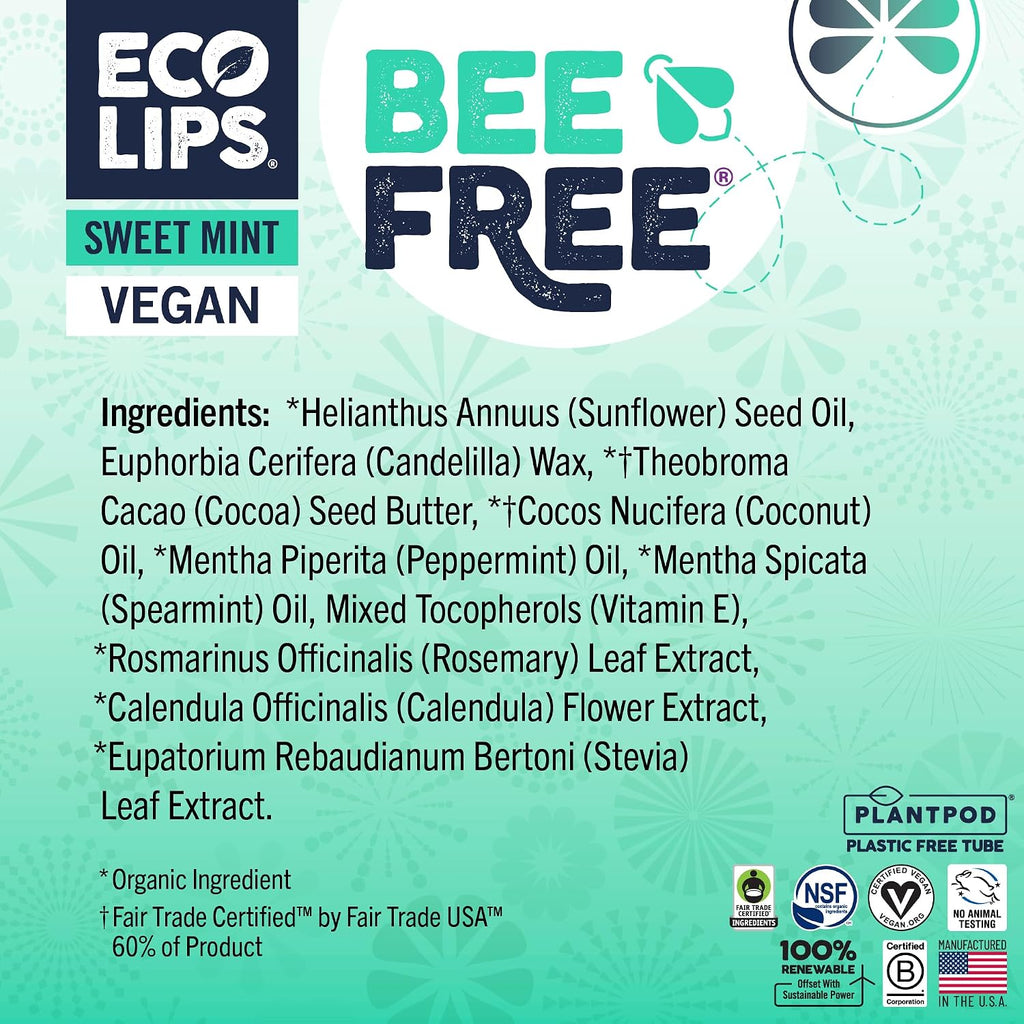 Eco Lips Bee Free Sweet Mint Vegan Lip Balm with Candelilla Wax, 3 pack | Nourishes Dry Lips | Plant-Based Ingredients | Cruelty Free | Long-Lasting Moisture | Cruelty & Petroleum Free