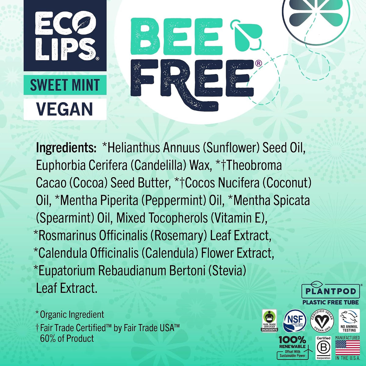 Eco Lips Bee Free Sweet Mint Vegan Lip Balm with Candelilla Wax, 3 pack | Nourishes Dry Lips | Plant-Based Ingredients | Cruelty Free | Long-Lasting Moisture | Cruelty & Petroleum Free