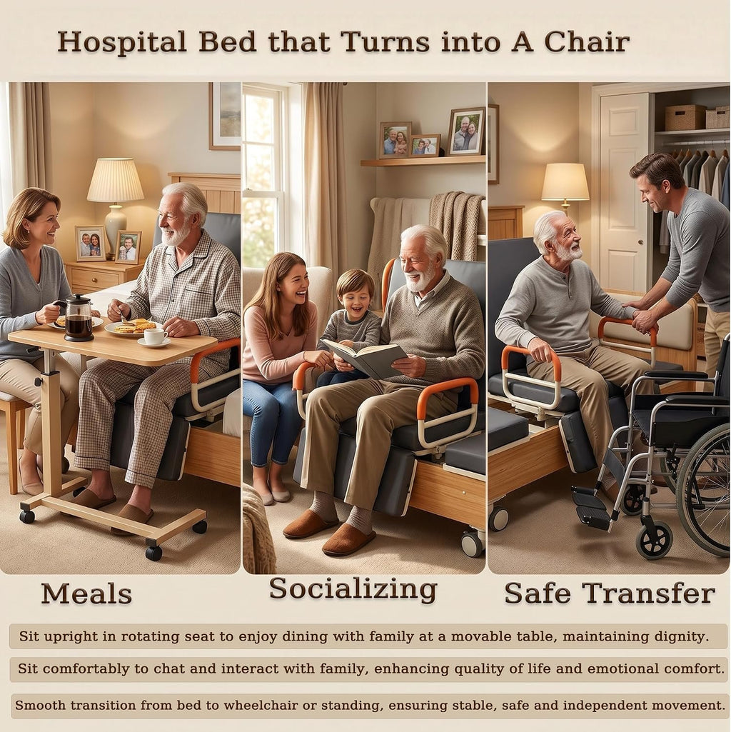 Electric Rotating Hospital Medical Beds for Senior Disabled Home Care Use | 750lbs, 90° Rotated Nursing Beds for Home Care with Adjustable Lateral Tilt & Backrest Leg Height