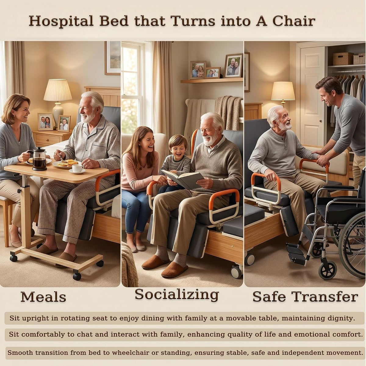 Electric Rotating Hospital Medical Beds for Senior Disabled Home Care Use | 750lbs, 90° Rotated Nursing Beds for Home Care with Adjustable Lateral Tilt & Backrest Leg Height