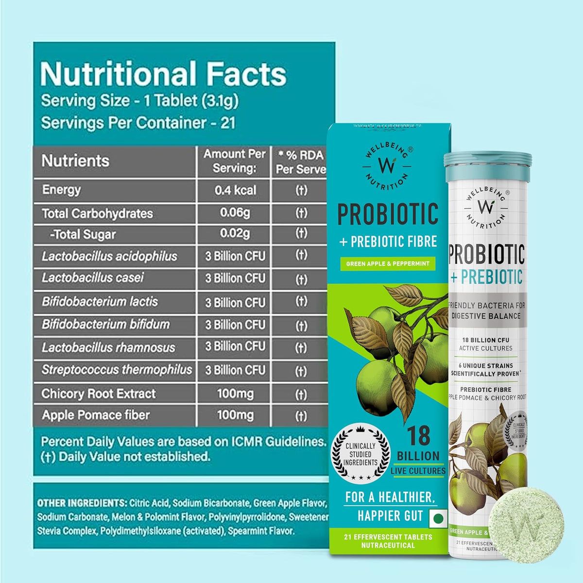 Wellbeing Nutrition Daily Probiotics + Prebiotics, Gut Health Supplement 18 Billion CFU with Organic Chicory Root | For Indigestion, Constipation, Gas, Bloating, IBS & Immunity, 21 Effervescent Tabs