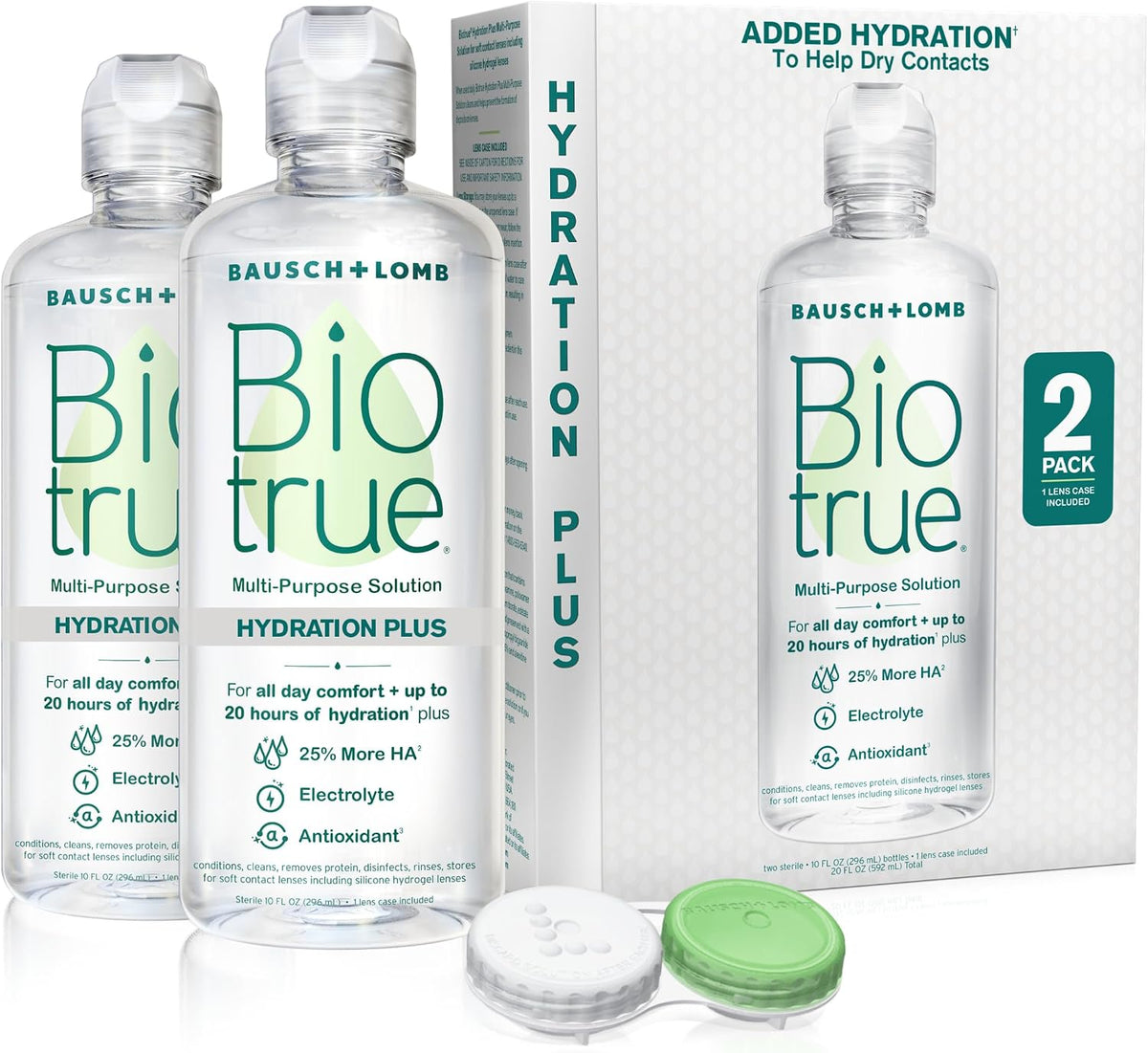 Biotrue Hydration Plus Multi-Purpose Contact Lens Solution, 10 oz 2 Pack | Includes 2 x 10 oz bottles + lens cases, hyaluronic acid formula, cleans, disinfects, all-day comfort