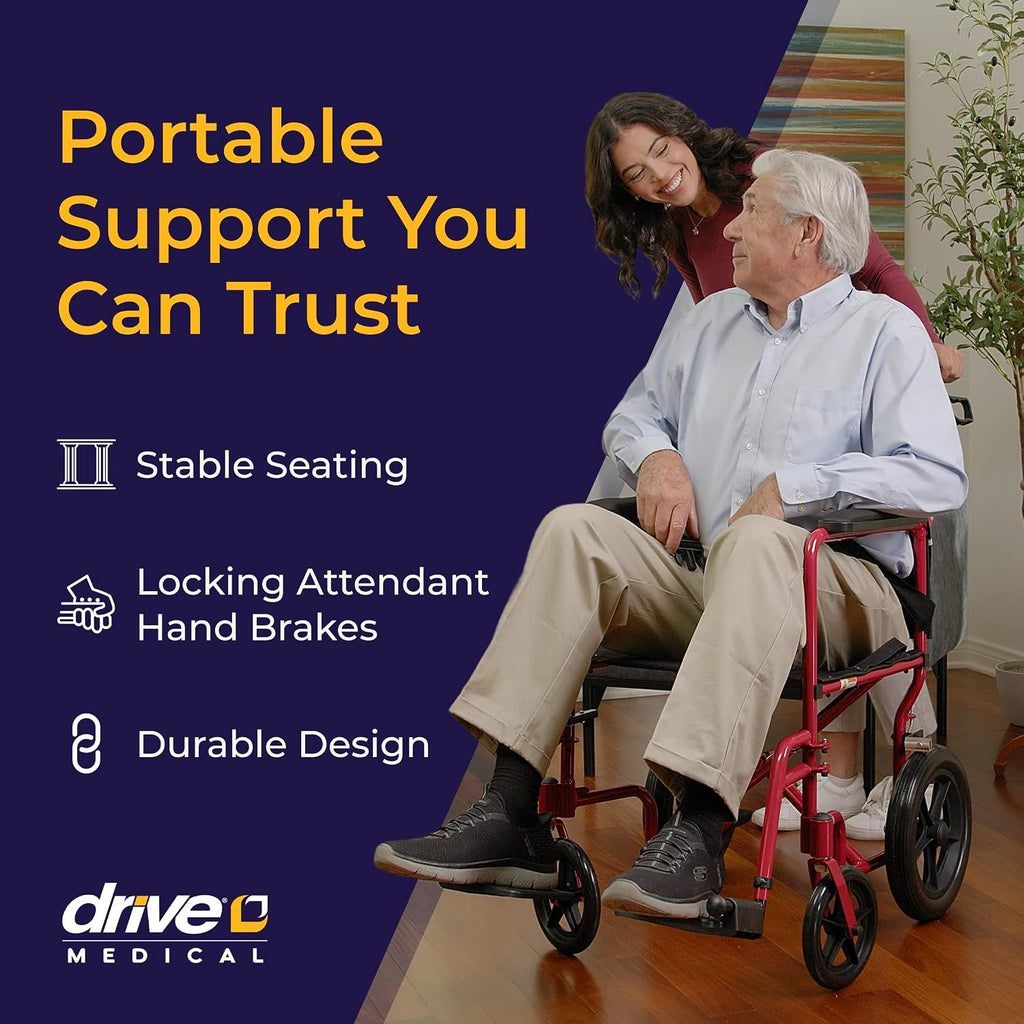 Lightweight Expedition Transport Wheelchair with Hand Brakes, Red | Transport Wheelchair Featuring Lightweight Expedition Frame with Hand Brakes for Safety Daily for Everyday Use