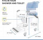 Institutional Grade Rolling Shower Commode Chair with Wheels & Drop Arms – Padded Seat, Locking Casters, Sliding Footrest, Seat Belt – Fits Over Toilet – 300 lb Capacity – DL-1
