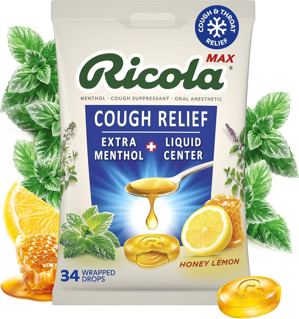 Ricola, Throat Care Max Honey Lemon, 34 Count | Made with Extra Menthol Liquid Center - Maximum Cough and Sore Throat Relief for Cold & Flu Symptoms - Herbal Lozenges