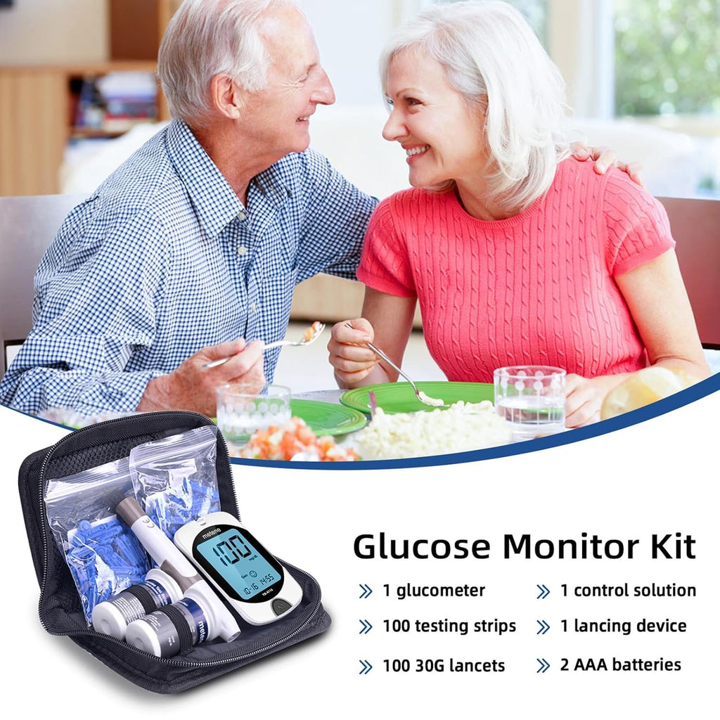 Metene TD-4116 Blood Glucose Monitor Kit, 100 Glucometer Strips, No Coding | 100 Lancets & Control Solution & Lancing Device, Blood Sugar Monitor Large Display , Blood Sugar Test Kit for Home Use