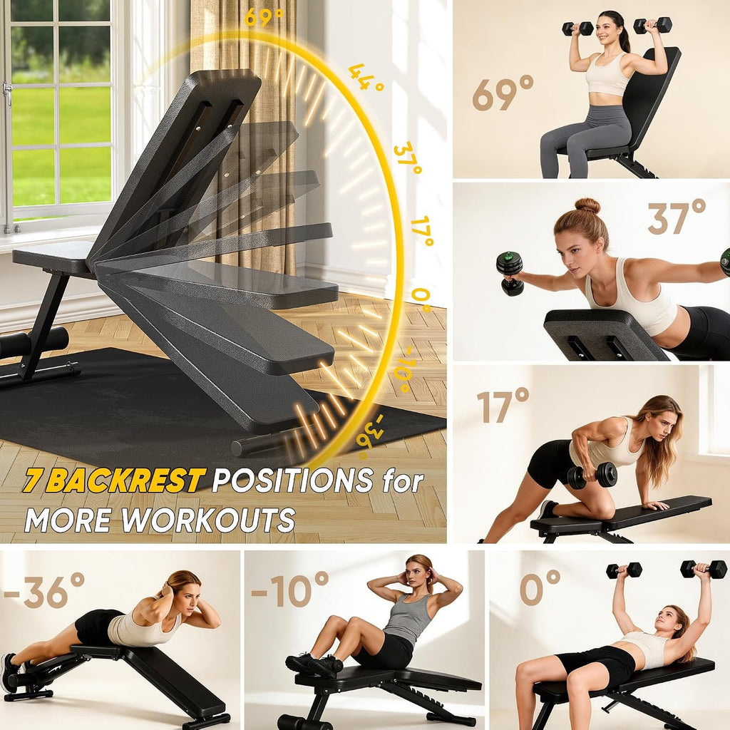 Adjustable Weight Bench for Home Gym, 600LBS Capacity Foldable Workout Bench with 7 Backrest Positions for Full Body Exercise, Compact for Small Spaces, Incline Decline Flat Bench with Quick Adjustment & Easy Folding