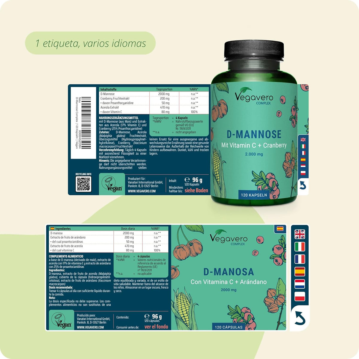 D-Mannose Complex Vegavero® | 100% Natural UTI Support | NO Additives, Lab-Tested | with Cranberry, Vitamin C, 2000mg D Mannose | 120 Capsules | Vegan