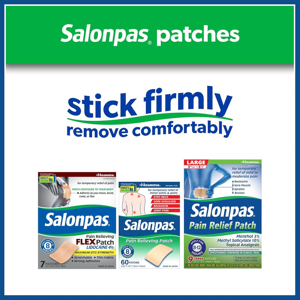 Salonpas Pain Relieving Flex Patch Lidocaine 4%, 7 Count (Pack of 1) | Maximum OTC Strength Lidocaine 4%, Apply for Up To 8 Hours, Temporary Relief of Pain, Patch Contours To Your Body