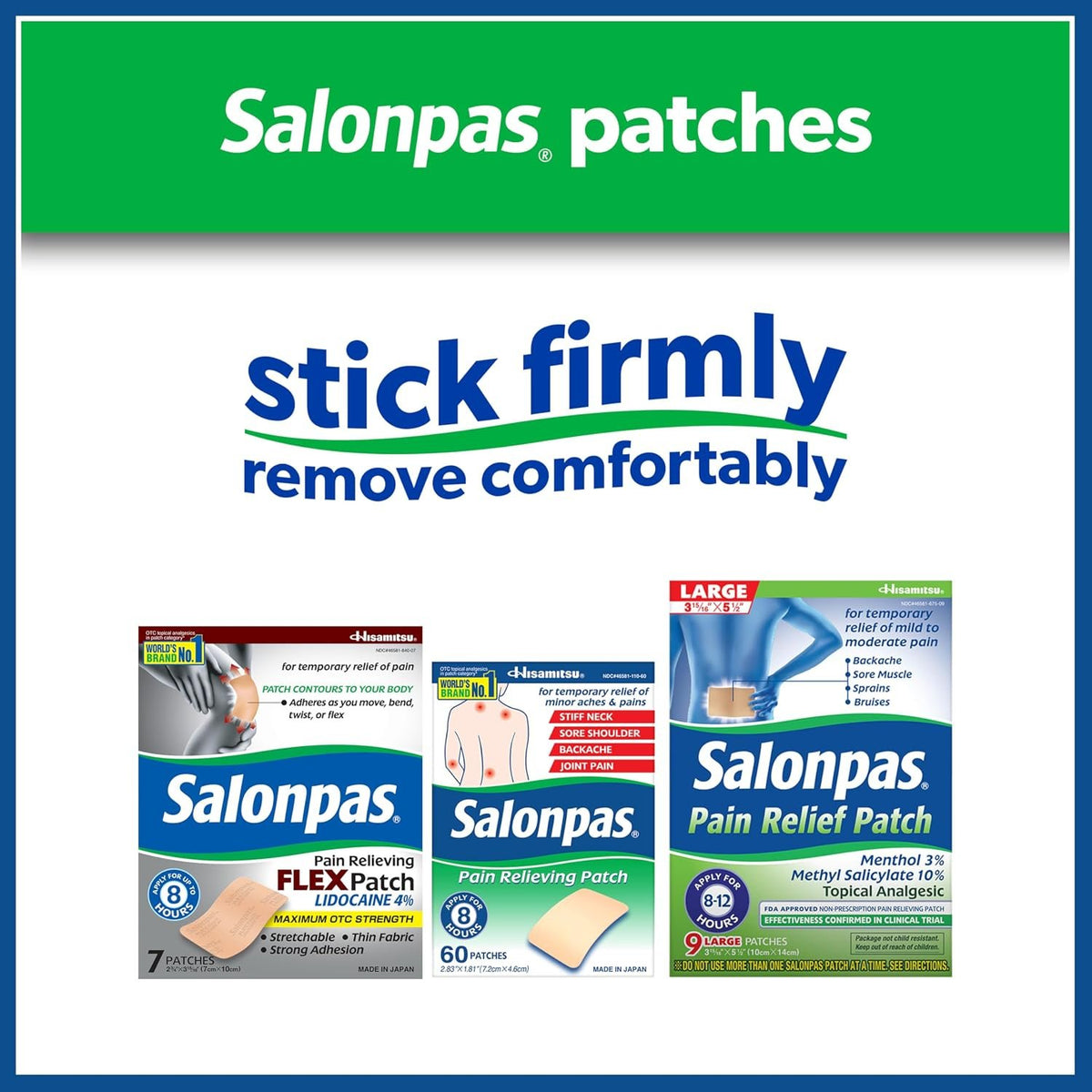 Salonpas Pain Relieving Flex Patch Lidocaine 4%, 7 Count (Pack of 1) | Maximum OTC Strength Lidocaine 4%, Apply for Up To 8 Hours, Temporary Relief of Pain, Patch Contours To Your Body