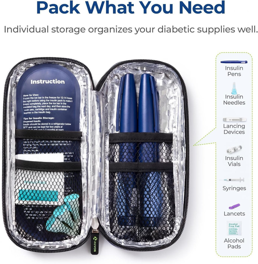 AUVON Insulin Cooler Travel Case, Diabete Care, 2x90g TSA-Approved Ice Pack | Diabetic Medication Cooler for Travel Holds 2-3 Insulin Pens and Diabetic Supplies Storage, Compact for Daily Life and Trips