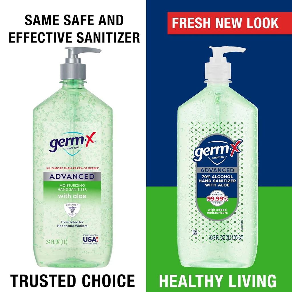 Germ-X Advanced Hand Sanitizer with Aloe and Vitamin E, 1 Liter, Less Drying Moisturizing Gel, No Rinse Formula, Pump Bottle (Pack of 2)