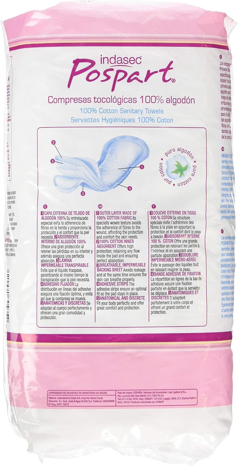 Indasec Pospart Cotton Tocological Pads - 12 Count (2 Pack)