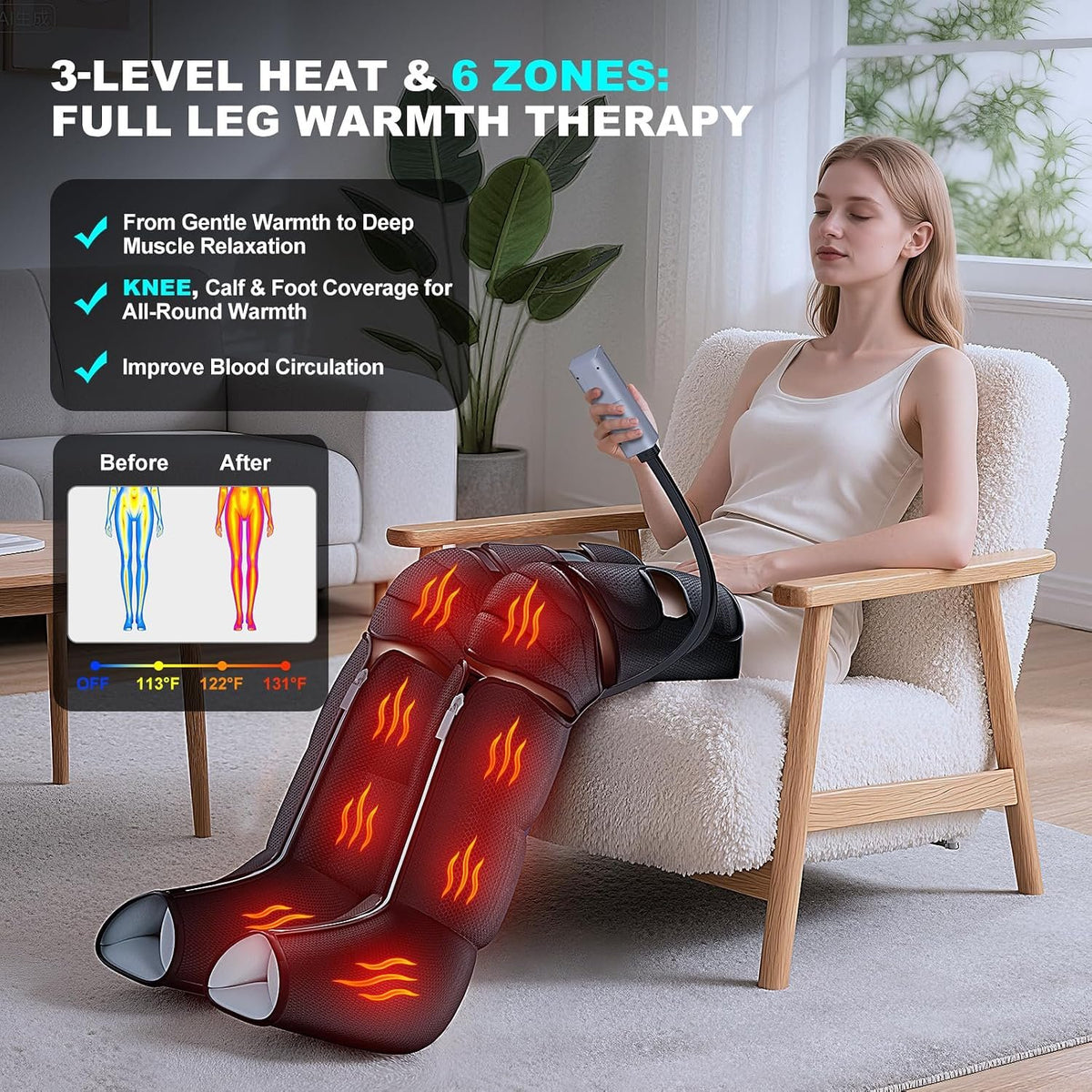 Leg Compression Massager for Circulation and Pain Relief, Compression Boots with Heated Knee, 6 Modes 12 Intensities 3 Timers, Foot Calf Thigh Recovery Machine, Gifts for Man Woman, Black