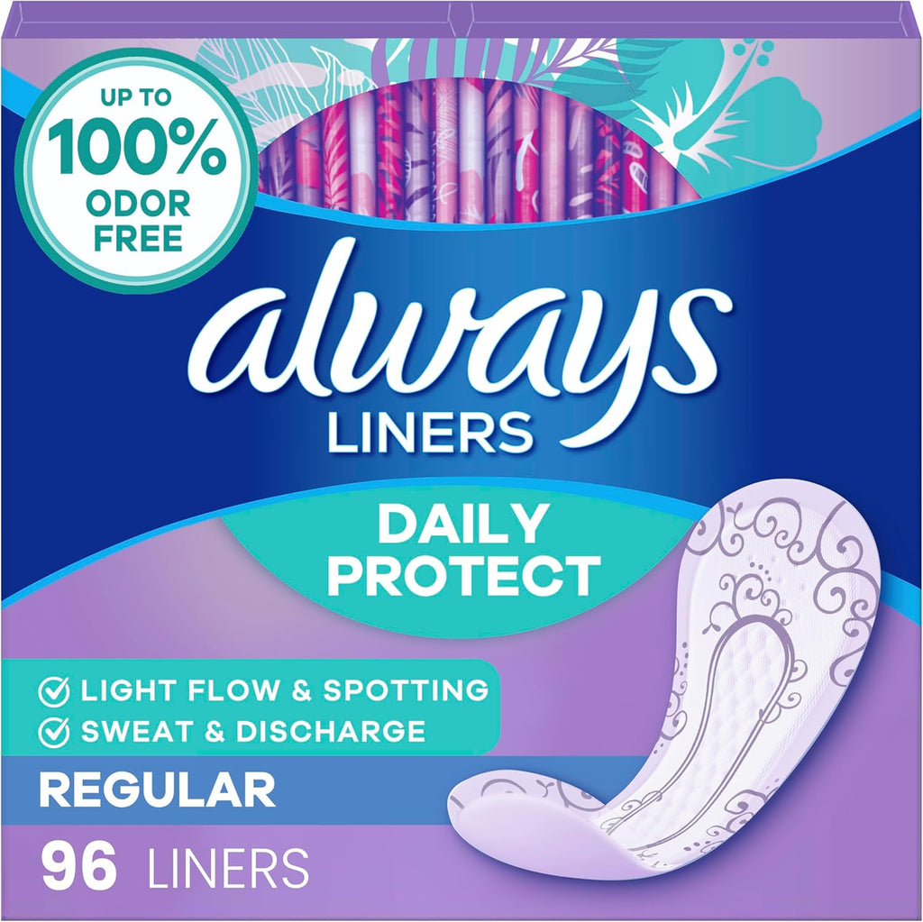Always Panty Liners for Women Daily Protect Liners, Regular Length,96 Count