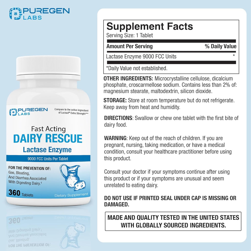 Puregen Labs Dairy Relief Fast Acting Lactase Enzyme 9000 FCC, Lactose Intolerance 720 Total Tablets