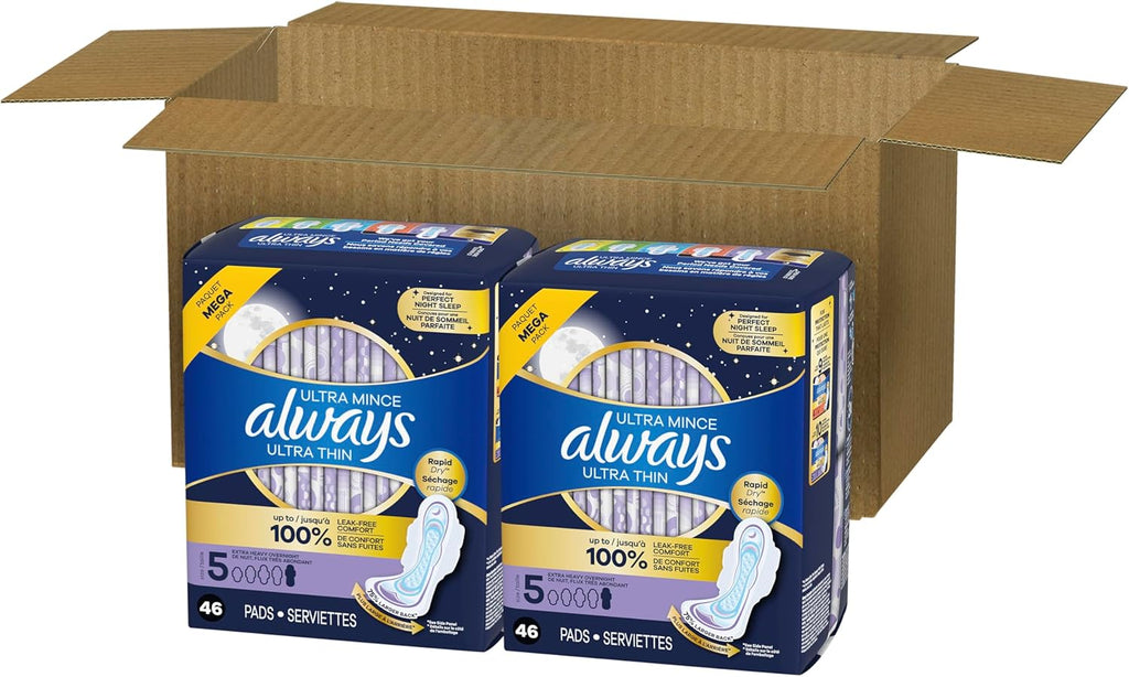 Always Ultra Thin Overnight Pads, Size 5, Extra Heavy Overnight, Unscented, 92 Count (2 Packs of 46)