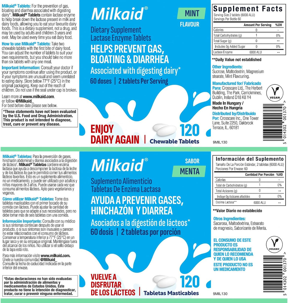 Milkaid Lactase Enzyme Chewable Tablets for Lactose Intolerance Relief | Prevents Gas, Bloating & Diarrhea | Fast Acting Dairy Digestive Supplement (120 Tablets, Mint)