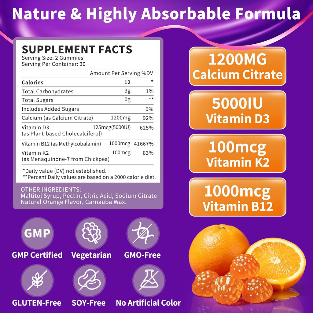 2 Packs Calcium Citrate Gummies 1200mg with Vitamin D3 K2 B12, 4-in-1 High Absorption Calcium Supplement for Women Men, Bone Teeth Muscle Support, Calcium Gummies for Adults,Sugar Free,Orange Flavor