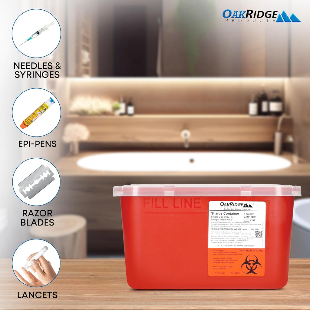 Large Sharps Container for Home Use and Professional 1 Gallon (2-Pack), Biohazard Needle and Syringe Disposal, Pop Up Lid, CDC Certified