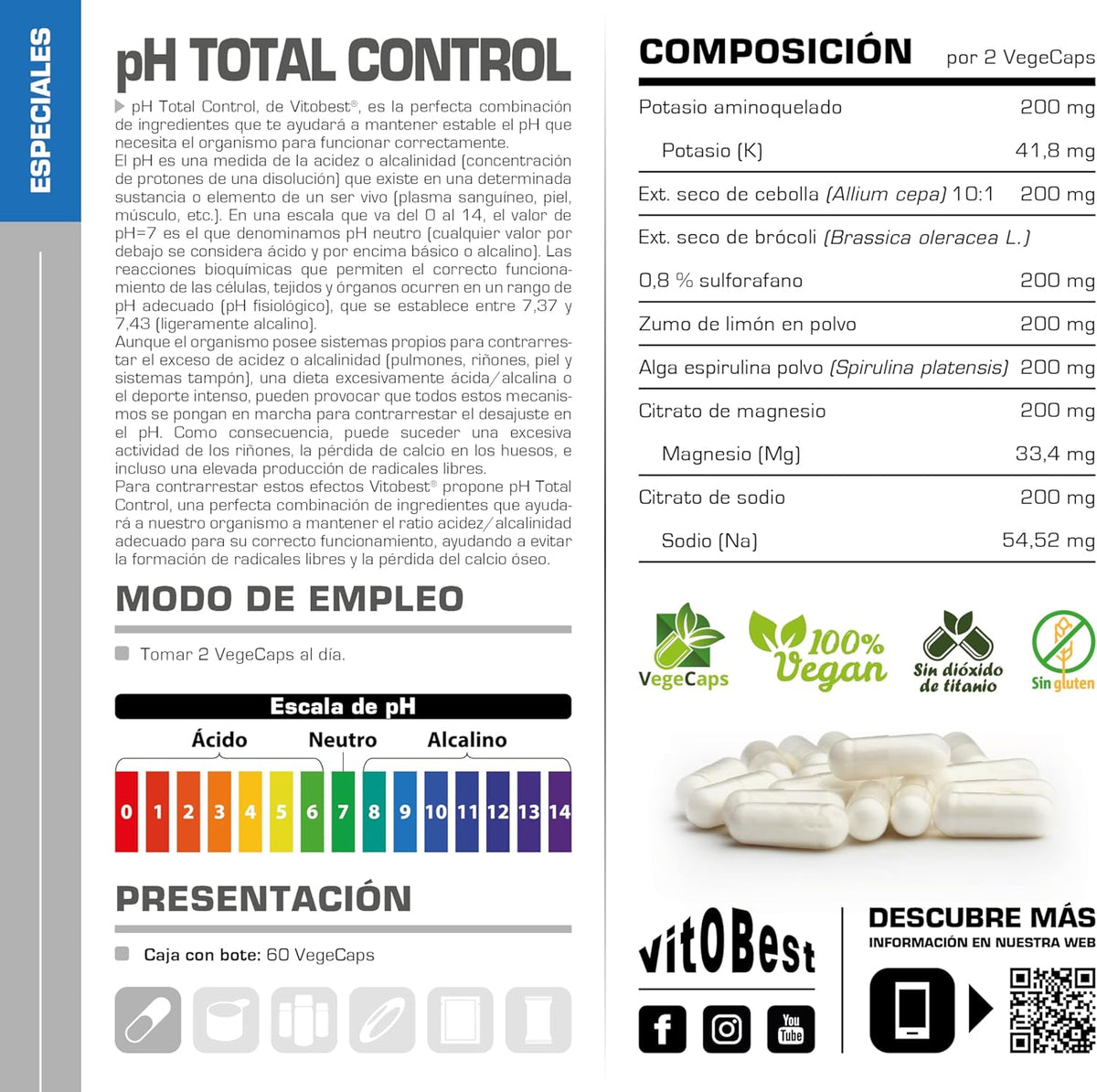 VITOBEST | Specials IP6 pH Total Control | Helps Maintain Stable pH | Alkaline Minerals + Phytotherapic Extracts | 60 VegeCaps