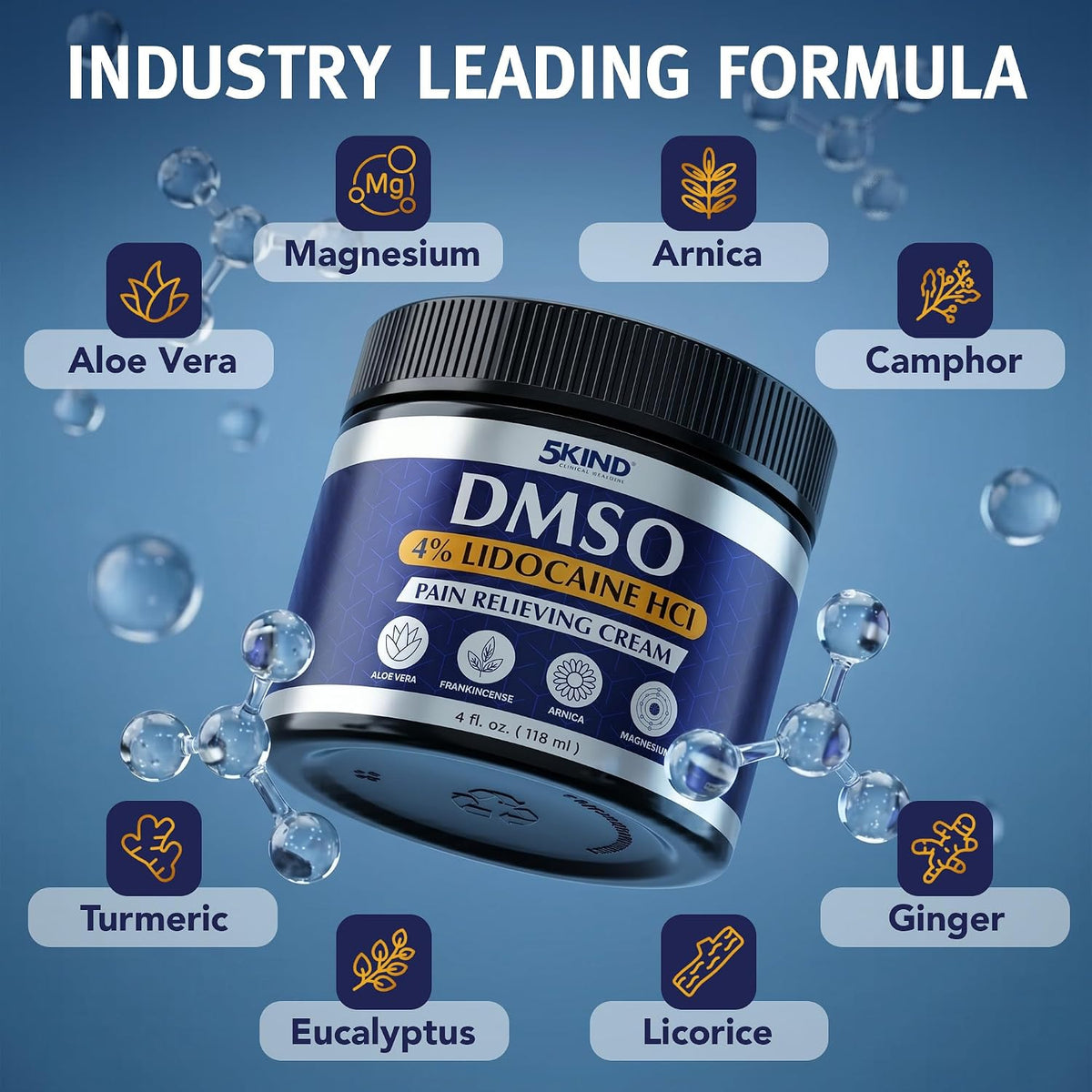 5Kind DMSO Cream with Lidocaine for Pain Relief 4 fl oz - 99.9% Pure DMSO Pharmaceutical Grade Cream - Lidocaine Cream with Aloe Vera, Magnesium, Arnica & Menthol - Registered NDC - Made in USA