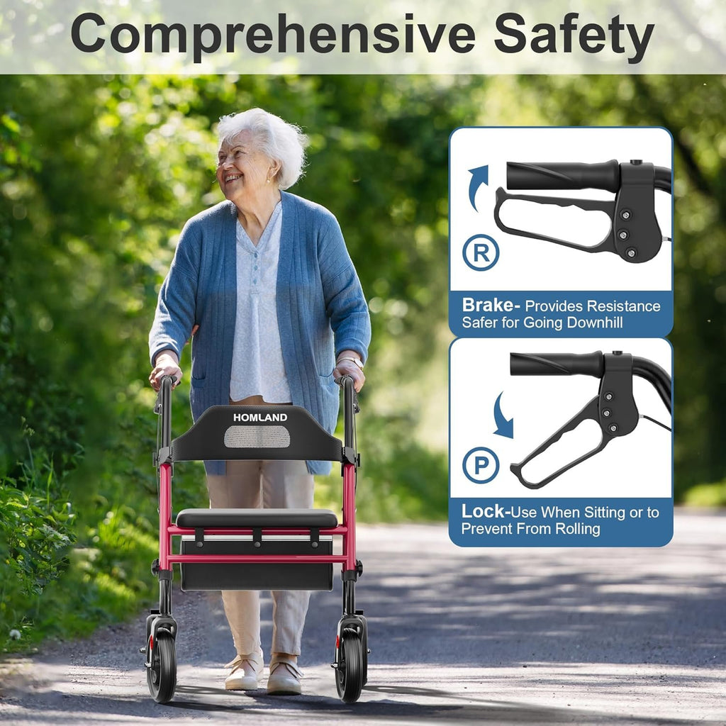 HOMLAND Foldable Rollator Walkers for Seniors with Seat, 16" Enlarged Seat | 350 lb Sturdy Frame, 16"×12" Seat 1.9" Thick, 8" Big Wheels, Adjustable Height, Tool-Free Assembly, All Terrain Mobility Aid